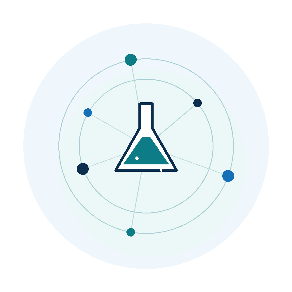 Abstract illustration of a laboratory flask surrounded by orbiting molecule icons